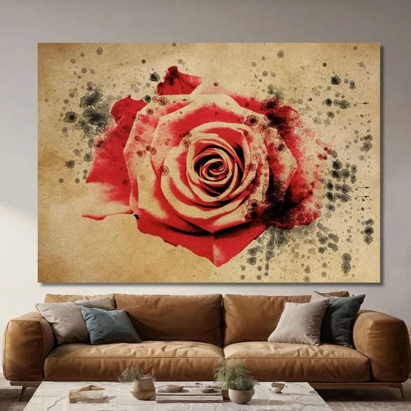 Quadro Rosa Rossa Vintage, Quadro Moderno Fiori Astratti