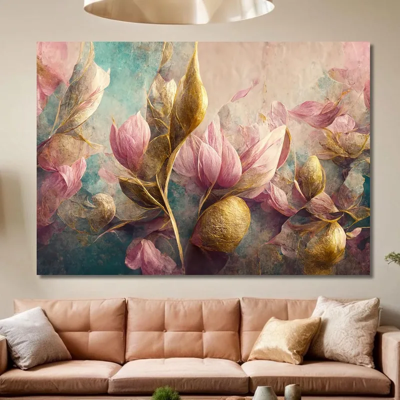 Abstract Pink Tulips And Golden Leaves Vintage Painting Modern Abstract Flowers Painting