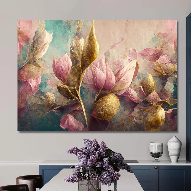 Abstract Pink Tulips And Golden Leaves Vintage Painting Modern Abstract Flowers Painting