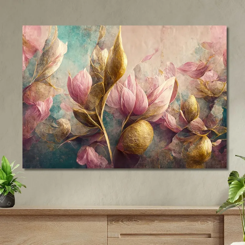 Abstract Pink Tulips And Golden Leaves Vintage Painting Modern Abstract Flowers Painting