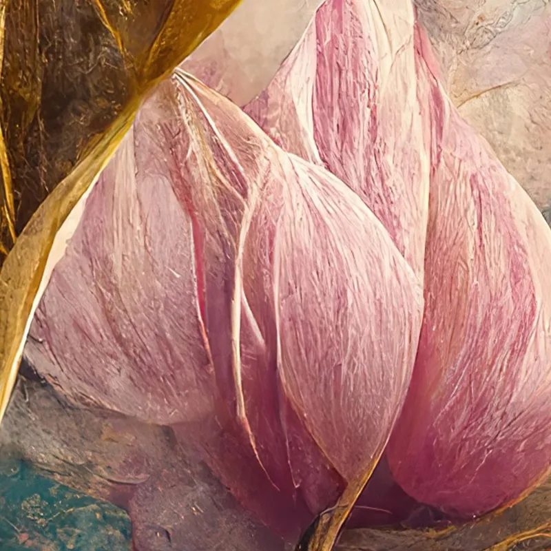 Abstract Pink Tulips And Golden Leaves Vintage Painting Modern Abstract Flowers Painting