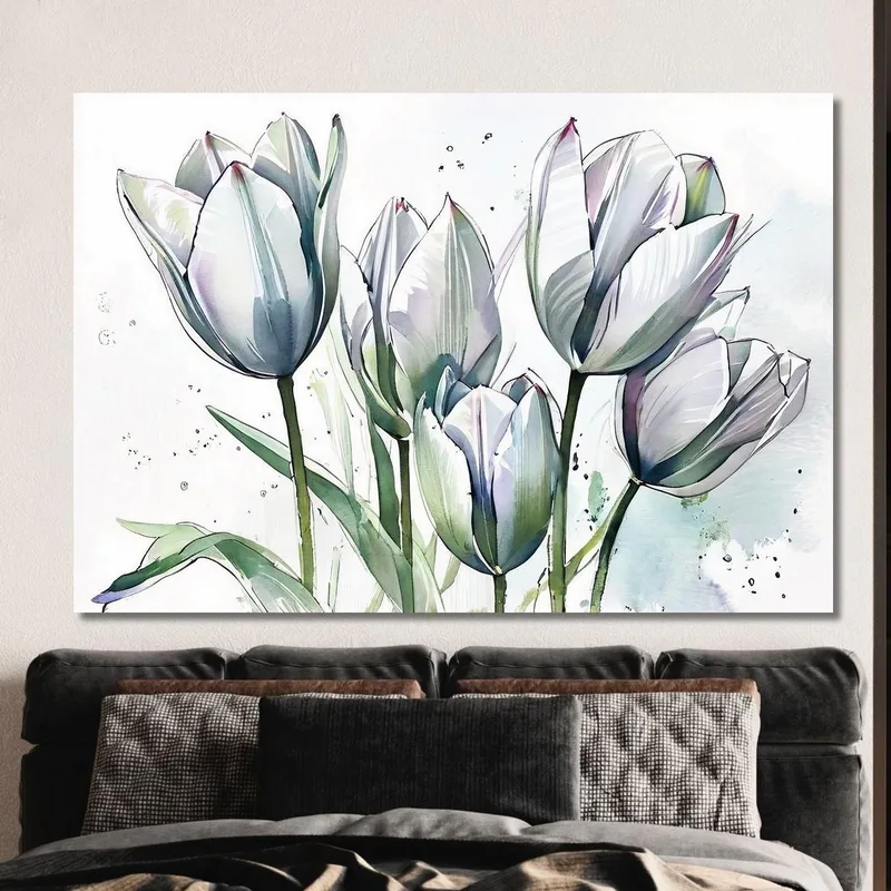 White Tulips Painting On Light Background Elegant Watercolor Modern Abstract Flowers Painting