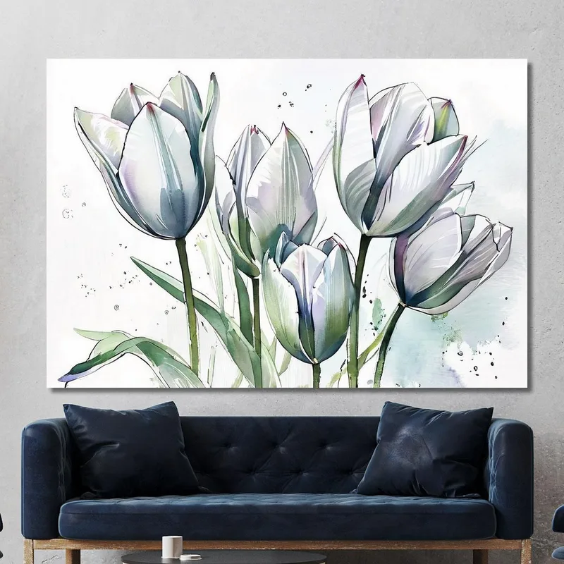 White Tulips Painting On Light Background Elegant Watercolor Modern Abstract Flowers Painting