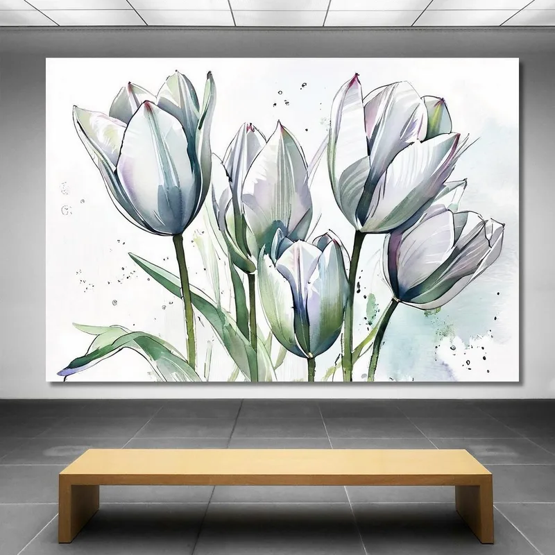 White Tulips Painting On Light Background Elegant Watercolor Modern Abstract Flowers Painting