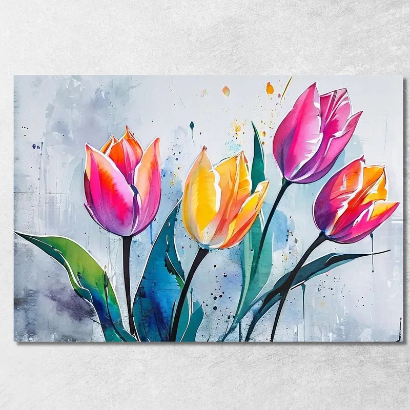 Quadro Tulipani Colorati Sfondo Astratto, Quadro Moderno Fiori Astratti quadro stampa su tela