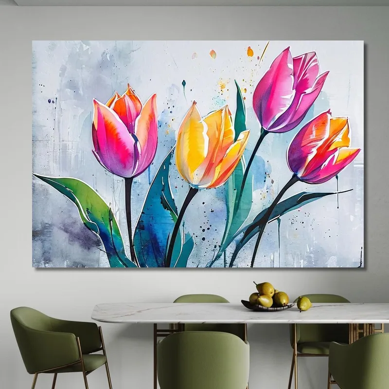 Quadro Tulipani Colorati Sfondo Astratto, Quadro Moderno Fiori Astratti