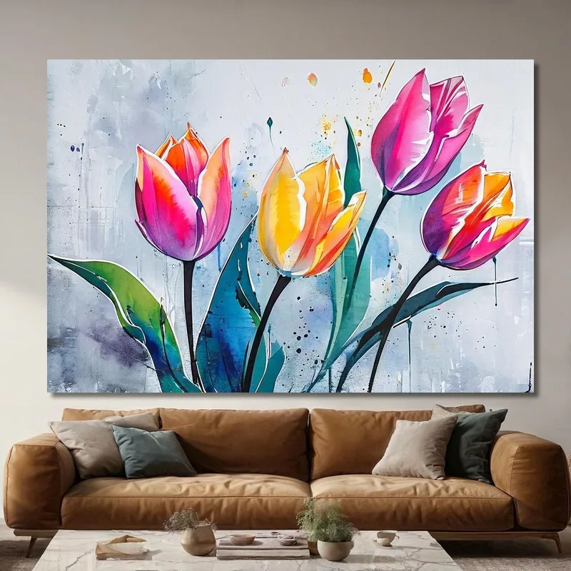 Quadro Tulipani Colorati Sfondo Astratto, Quadro Moderno Fiori Astratti