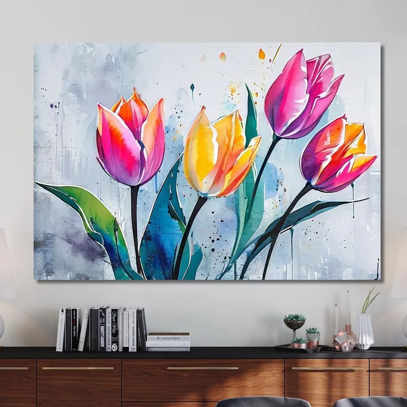 Quadro Tulipani Colorati Sfondo Astratto, Quadro Moderno Fiori Astratti