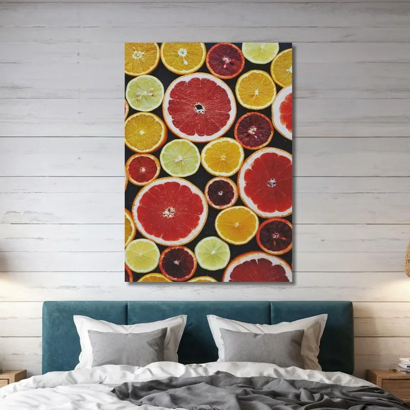 Pintura Moderna Frutas Cítricas En Rodajas Con Naranjas Limones Y Pomelos Sobre Fondo Negro