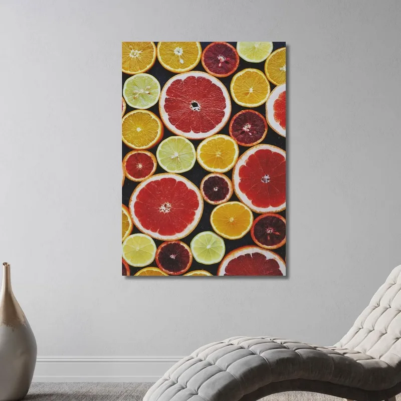 Pintura Moderna Frutas Cítricas En Rodajas Con Naranjas Limones Y Pomelos Sobre Fondo Negro