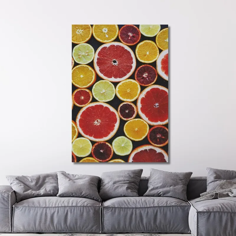 Pintura Moderna Frutas Cítricas En Rodajas Con Naranjas Limones Y Pomelos Sobre Fondo Negro