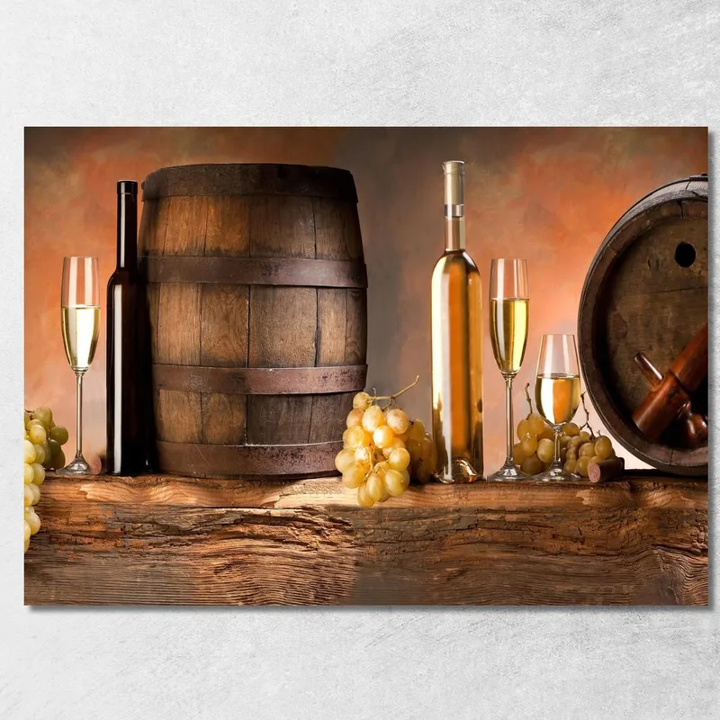 Quadro Moderno Botti Di Legno E Bottiglie Di Vino Bianco Su Tavolo Rustico quadro stampa su tela