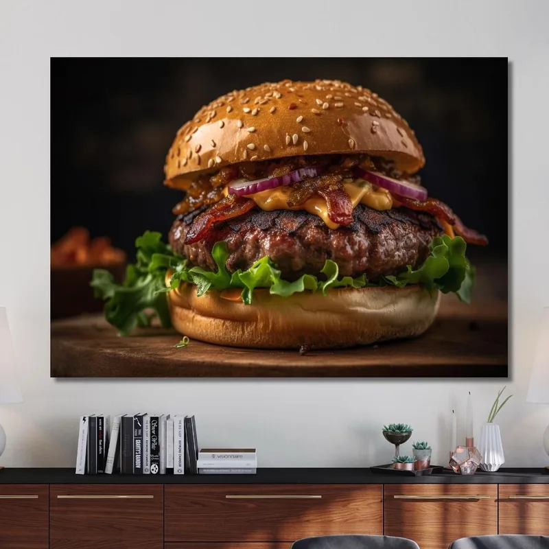 Modern Painting Burger Mit Knusprigem Speck Und Karamellisierten Zwiebeln