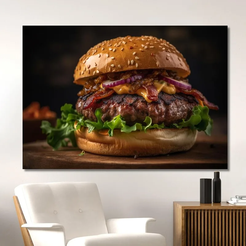 Modern Painting Burger Mit Knusprigem Speck Und Karamellisierten Zwiebeln