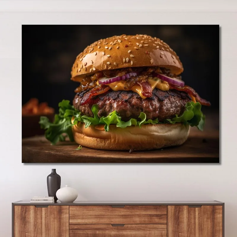 Modern Painting Burger Mit Knusprigem Speck Und Karamellisierten Zwiebeln