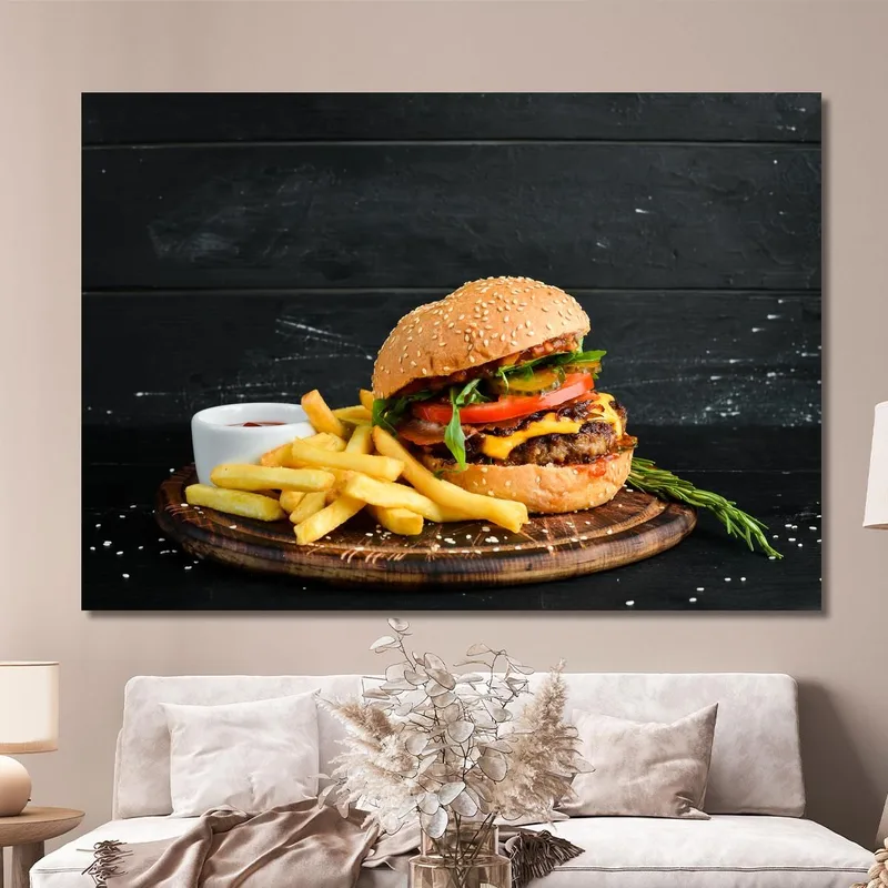 Modern Painting Gourmet Burger With Crispy Fries And Ketchup Sauce