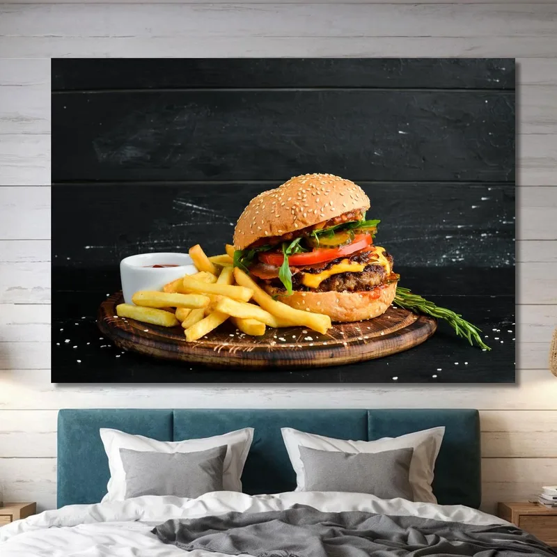 Modern Painting Gourmet Burger With Crispy Fries And Ketchup Sauce