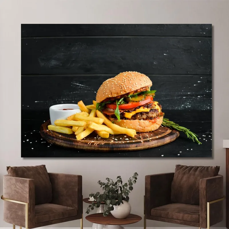 Modern Painting Gourmet Burger With Crispy Fries And Ketchup Sauce