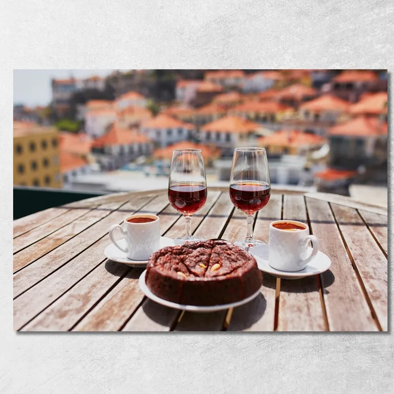 Quadro Moderno Caffè Vino E Dolce Su Terrazza Con Vista Panoramica quadro stampa su tela