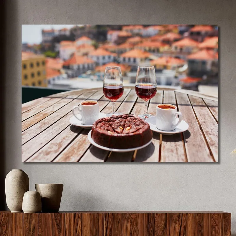 Modernes Gemälde Kaffee Wein Und Dessert Auf Der Terrasse Mit Panoramablick