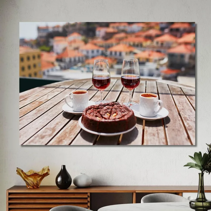 Modernes Gemälde Kaffee Wein Und Dessert Auf Der Terrasse Mit Panoramablick