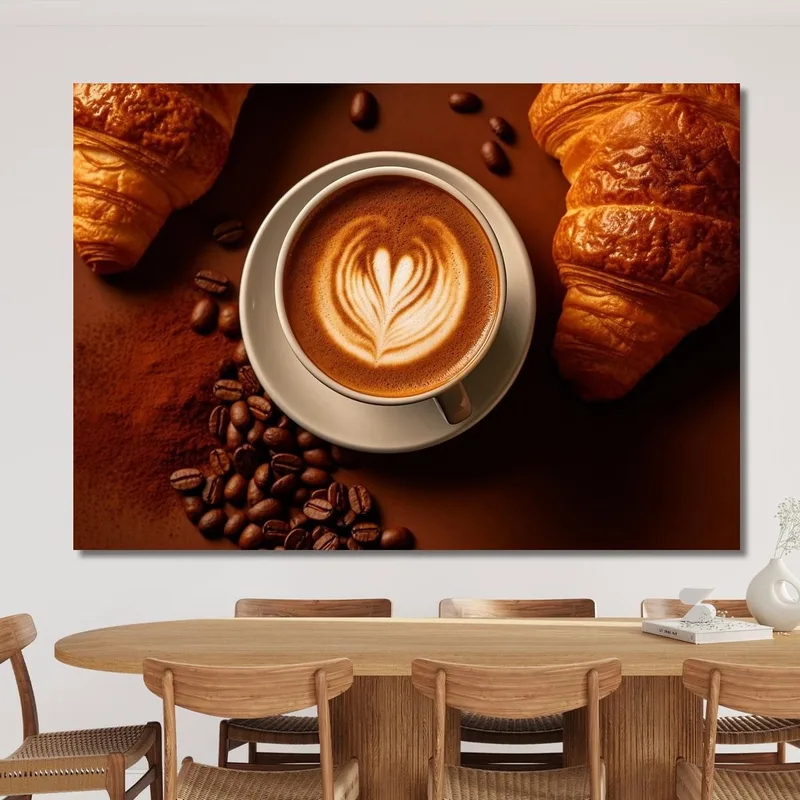 Tableau Moderne Cappuccino Décoré De Croissants Et De Grains De Café