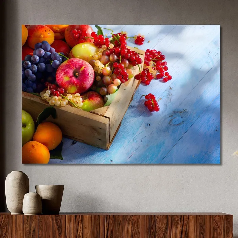 Quadro Moderno Cassetta Di Frutta Colorata Su Tavolo Di Legno