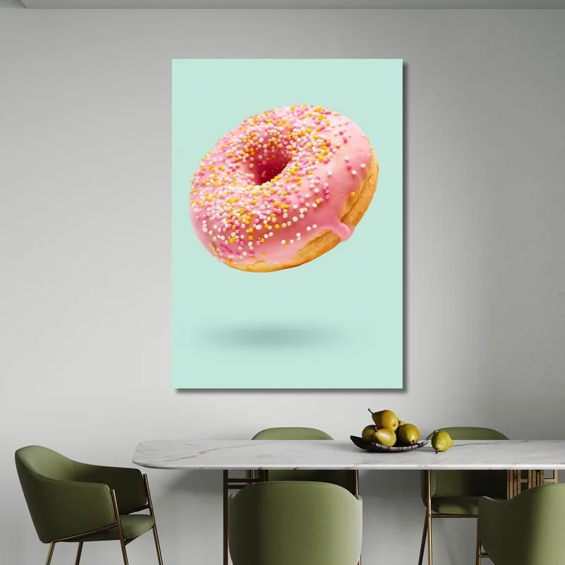 Quadro Moderno Ciambella Glassata Rosa Con Confettini Colorati Su Sfondo Verde Pastello