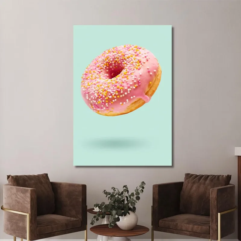Quadro Moderno Ciambella Glassata Rosa Con Confettini Colorati Su Sfondo Verde Pastello