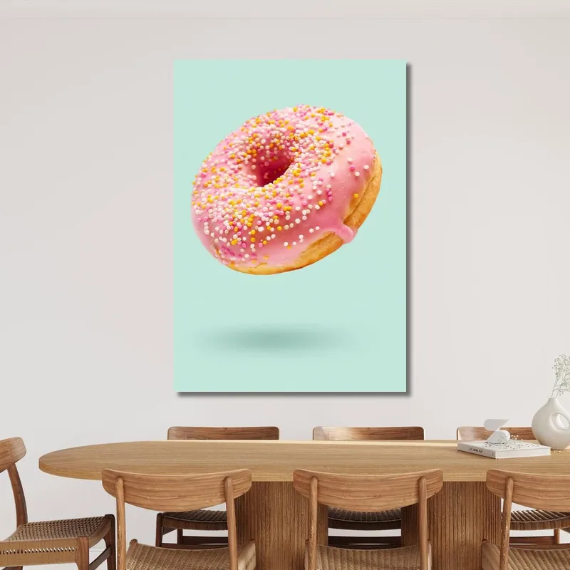 Quadro Moderno Ciambella Glassata Rosa Con Confettini Colorati Su Sfondo Verde Pastello