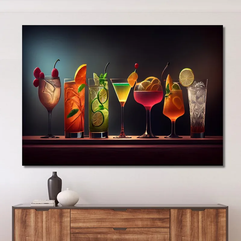 Cuadro Moderno De Cócteles Coloridos En Elegantes Vasos Con Frutas Y Hielo