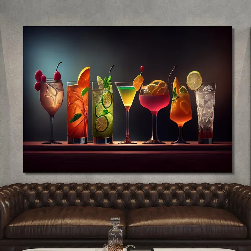 Cuadro Moderno De Cócteles Coloridos En Elegantes Vasos Con Frutas Y Hielo