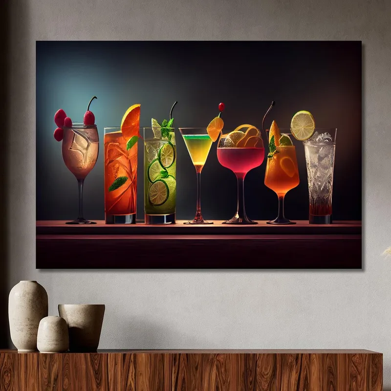 Cuadro Moderno De Cócteles Coloridos En Elegantes Vasos Con Frutas Y Hielo