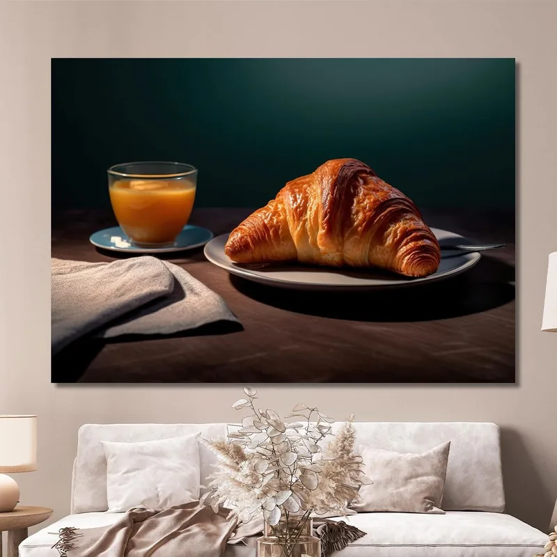 Quadro Moderno Colazione Con Croissant E Succo D'Arancia Su Tavolo Scuro