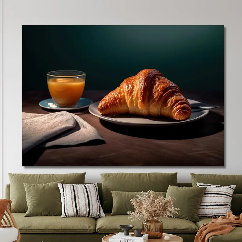 Quadro Moderno Colazione Con Croissant E Succo D'Arancia Su Tavolo Scuro