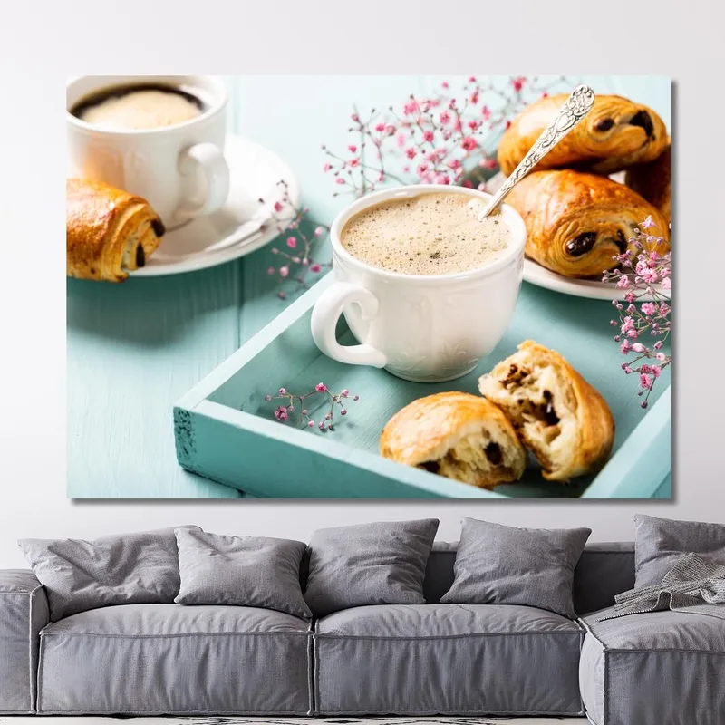 Modern Painting Elegant Breakfast With Creamy Coffee And Pain Au Chocolat On A Blue Tray