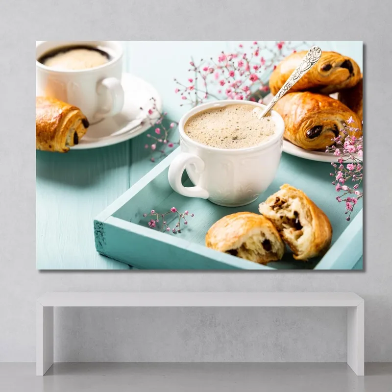 Modern Painting Elegant Breakfast With Creamy Coffee And Pain Au Chocolat On A Blue Tray