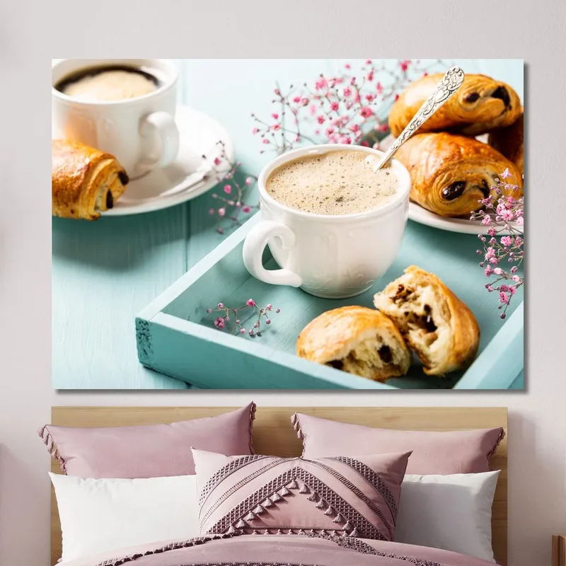 Modern Painting Elegant Breakfast With Creamy Coffee And Pain Au Chocolat On A Blue Tray