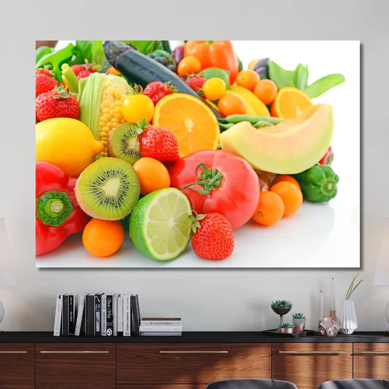 Quadro Moderno Composizione Colorata Di Frutta E Verdura Su Sfondo Bianco