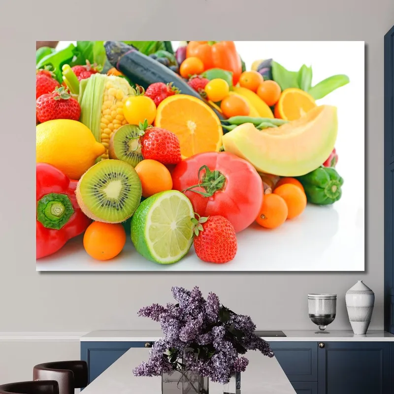 Quadro Moderno Composizione Colorata Di Frutta E Verdura Su Sfondo Bianco