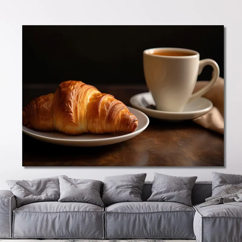 Quadro Moderno Croissant Dorato Con Caffè Su Piatto Bianco