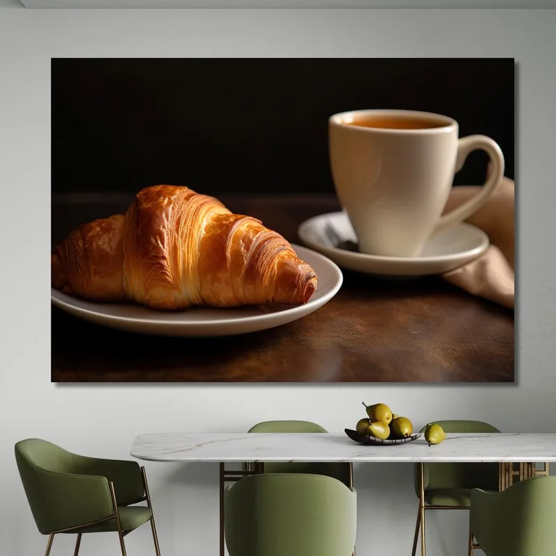 Quadro Moderno Croissant Dorato Con Caffè Su Piatto Bianco