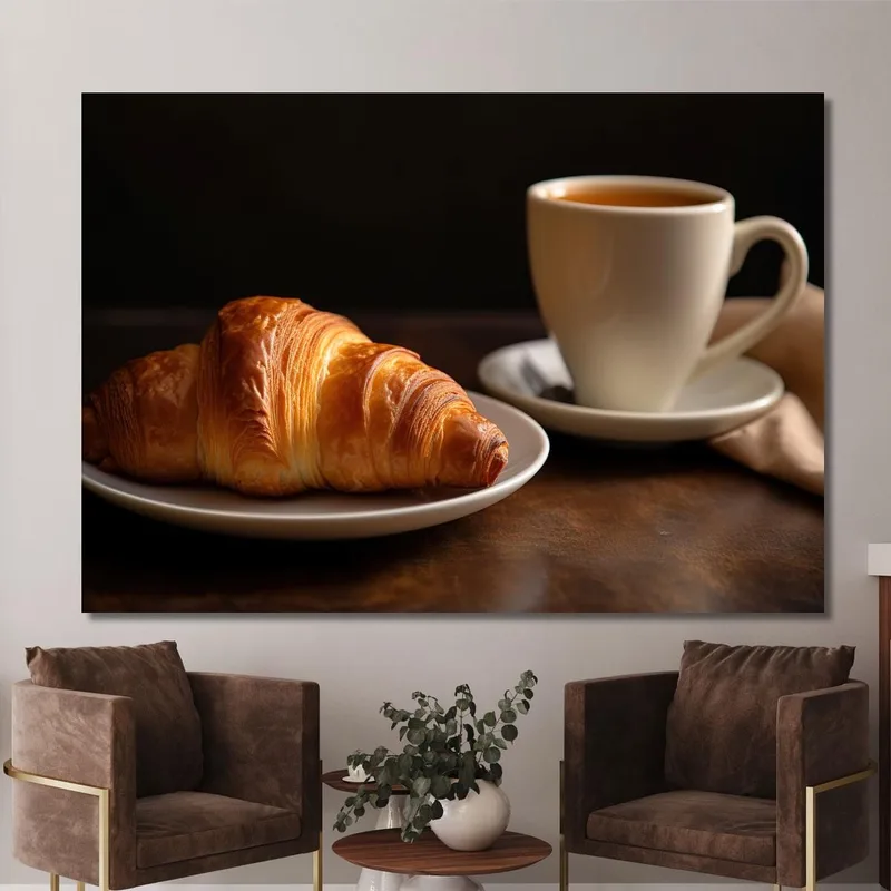 Quadro Moderno Croissant Dorato Con Caffè Su Piatto Bianco