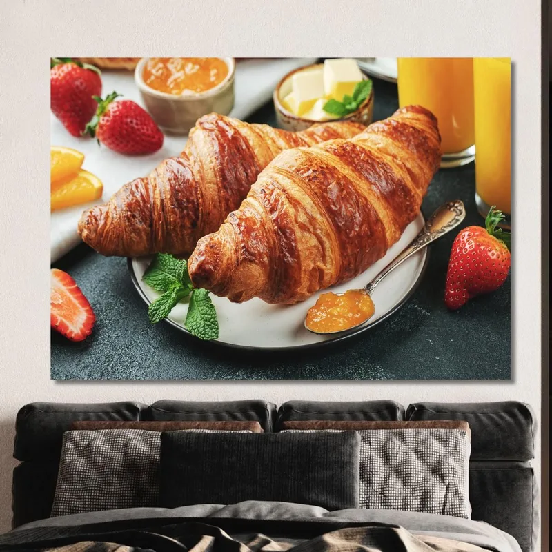 Modern Painting French Puff Pastry Croissants With Jam And Orange Juice