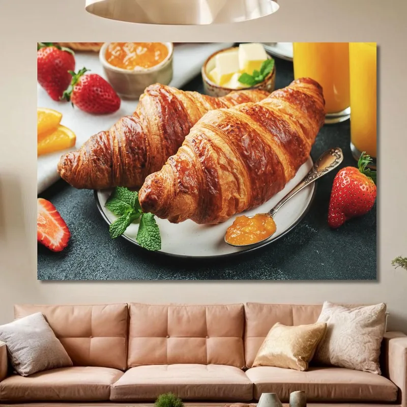 Modern Painting French Puff Pastry Croissants With Jam And Orange Juice