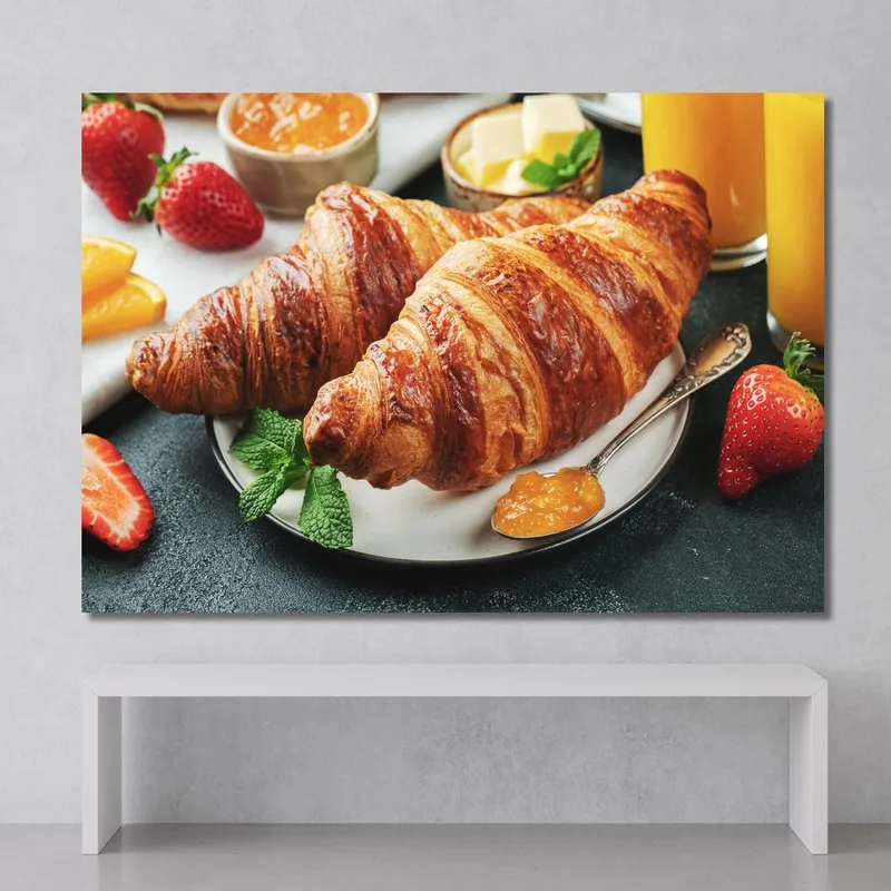 Modern Painting French Puff Pastry Croissants With Jam And Orange Juice