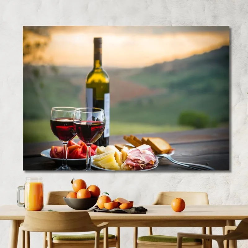 Modernes Gemälde Weinprobe Mit Käse Und Salami Auf Dem Hügel