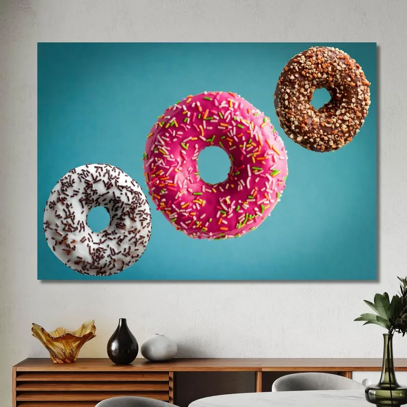 Tableau Moderne Donuts Colorés Avec Glaçage Et Vermicelles En Suspension