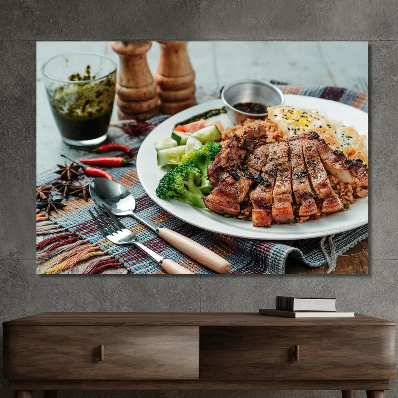 Modern Painting Grilled Meat With Rice Vegetables And Fried Egg