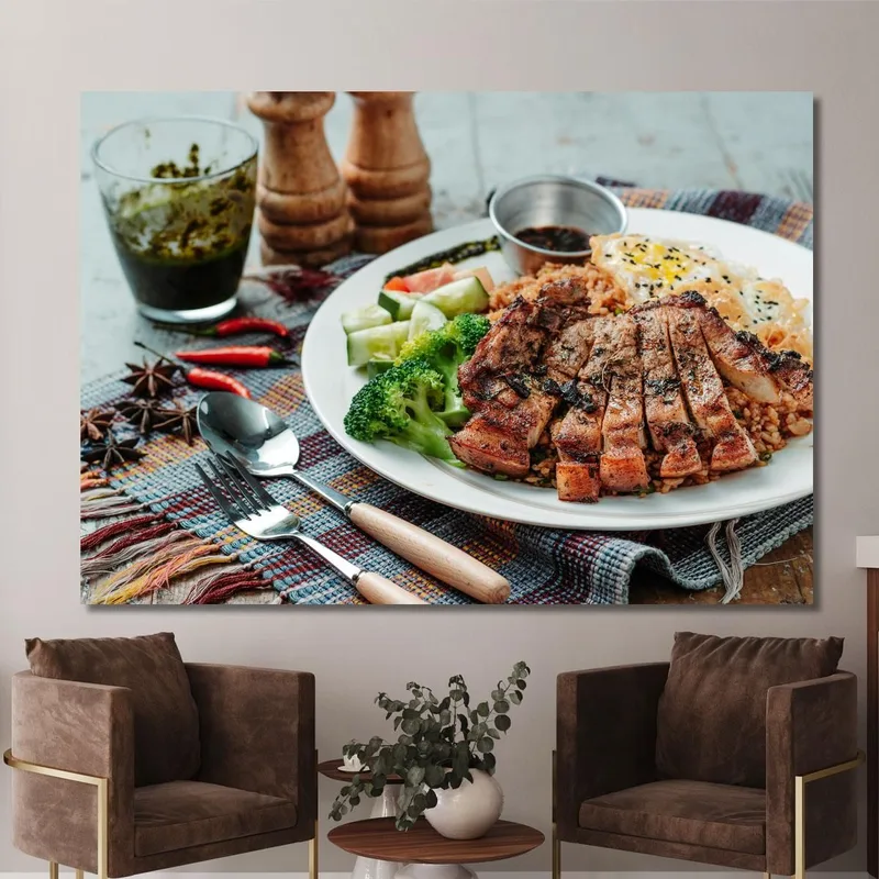 Modern Painting Grilled Meat With Rice Vegetables And Fried Egg